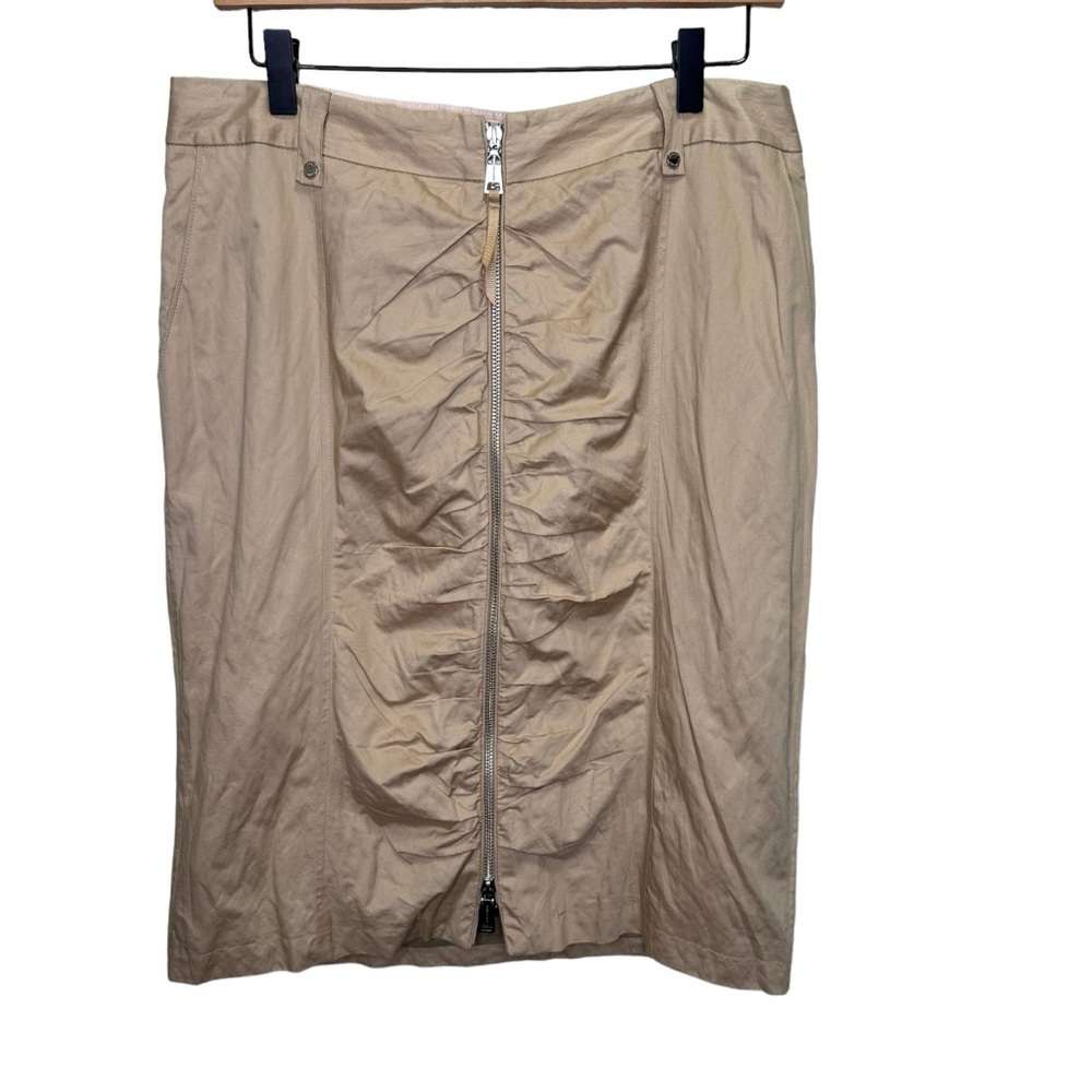 Adolfo Dominguez Tan Full Zip Pencil Skirt Size 10 100% Cotton Front Pockets